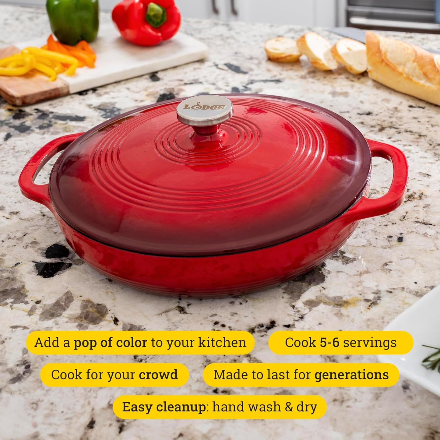 3.6 Quart Enameled Cast Iron Oval Casserole with Lid– Dual Handles – Oven Safe up to 500° F or on Stovetop - Use to Marinate, Cook, Bake, Refrigerate and Serve – Island Spice Red