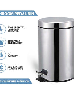 3 Litre Bathroom Pedal Rubbish Waste Bin and Toilet Brush Holder Set