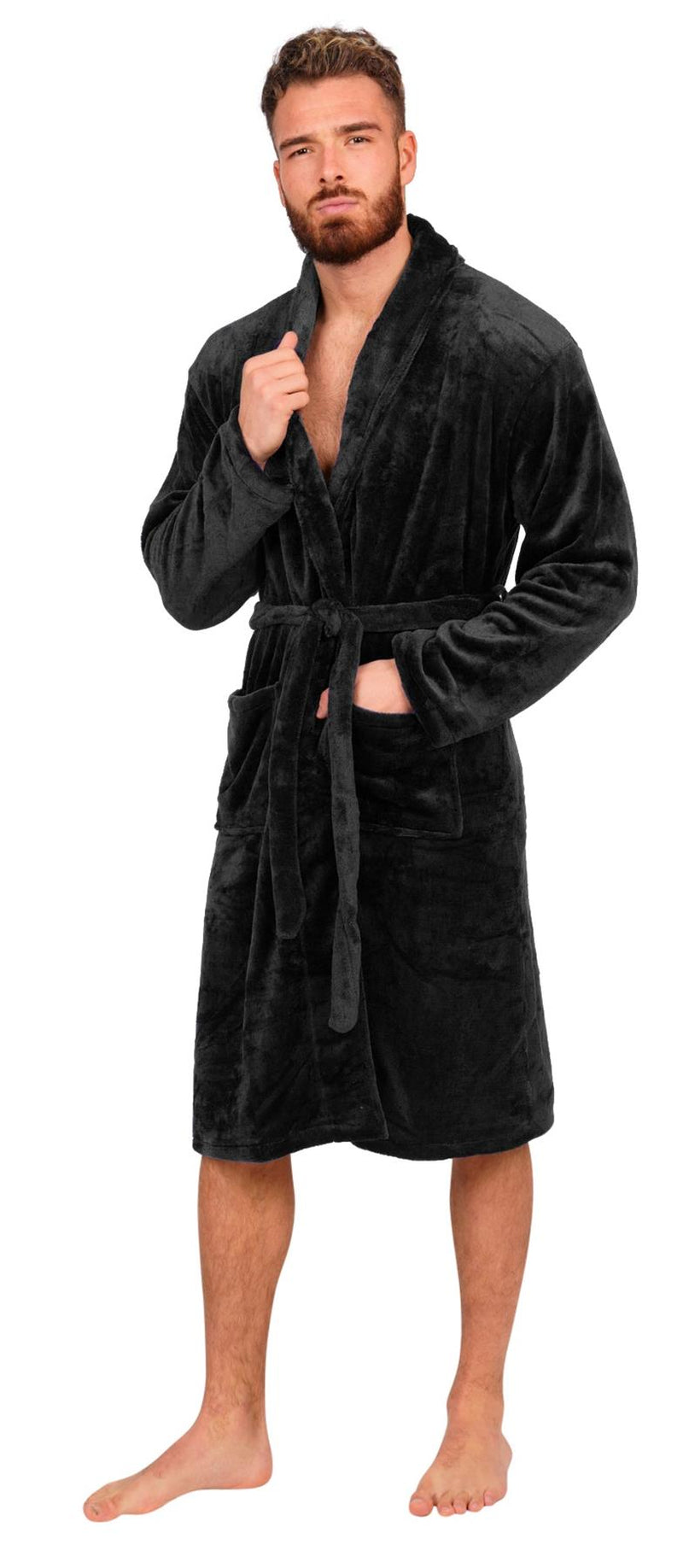Mens Flannel Fleece Bathrobe Warm Soft Dressing Gown Bath Robe Shawl Collar