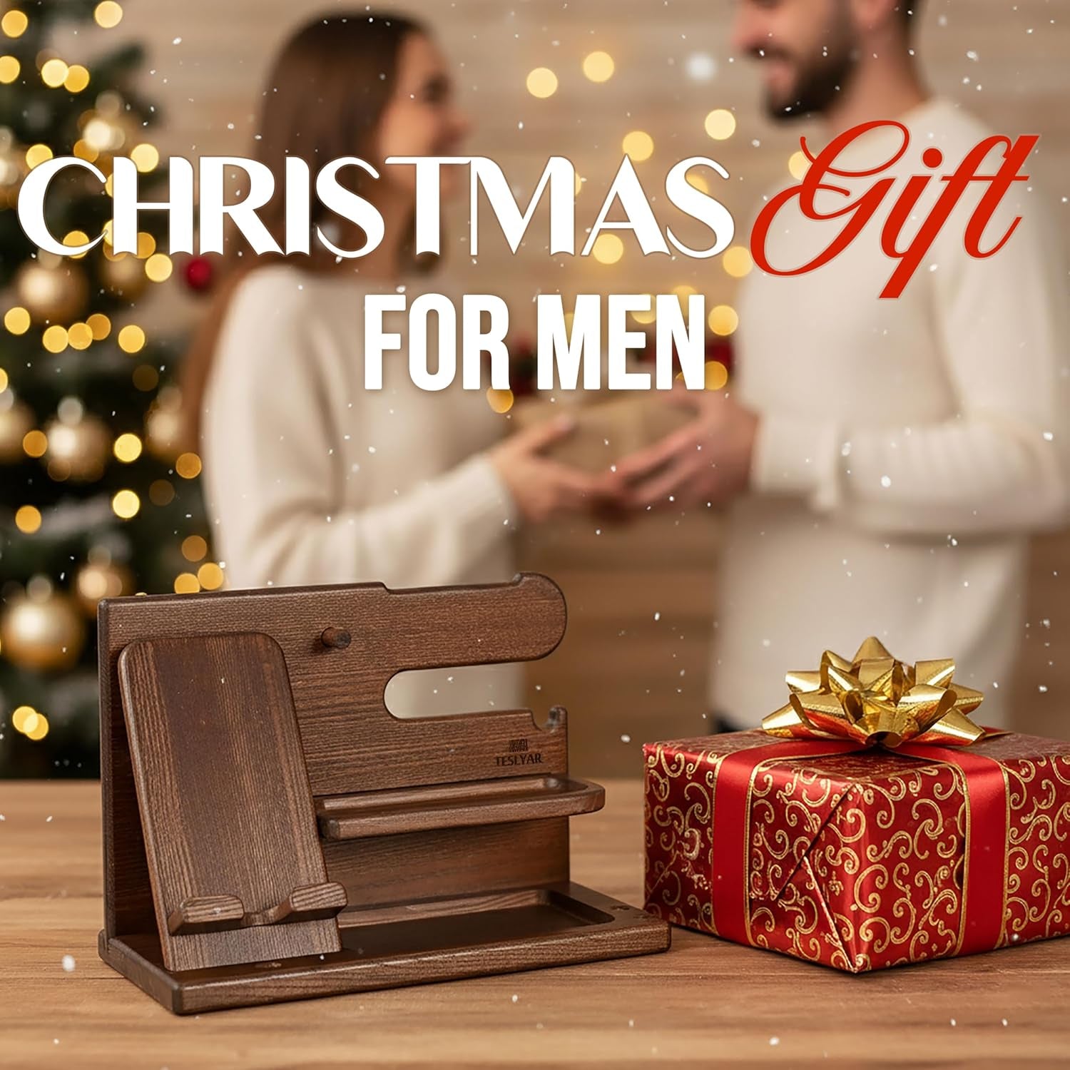 Wood Phone Docking Station Desk Organizer, Nightstand Key & Wallet Stand, Gifts for Men – Birthday, Anniversary, Christmas, Fathers Day (Brown)