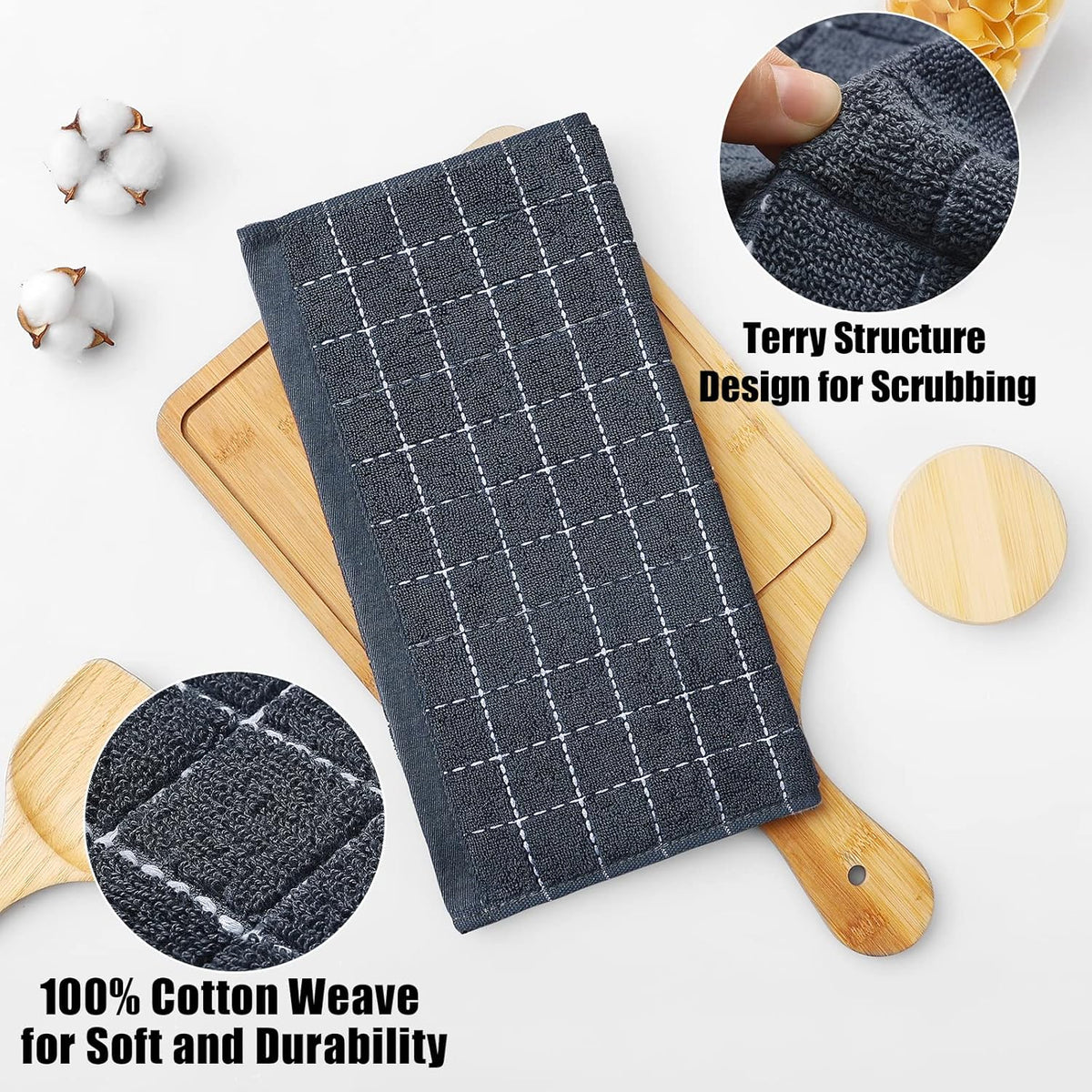 100% Cotton Terry Kitchen Dish Cloths Dark Grey