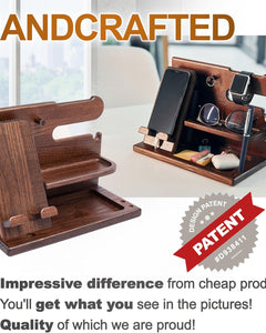 Wood Phone Docking Station Desk Organizer, Nightstand Key & Wallet Stand, Gifts for Men – Birthday, Anniversary, Christmas, Fathers Day (Brown)