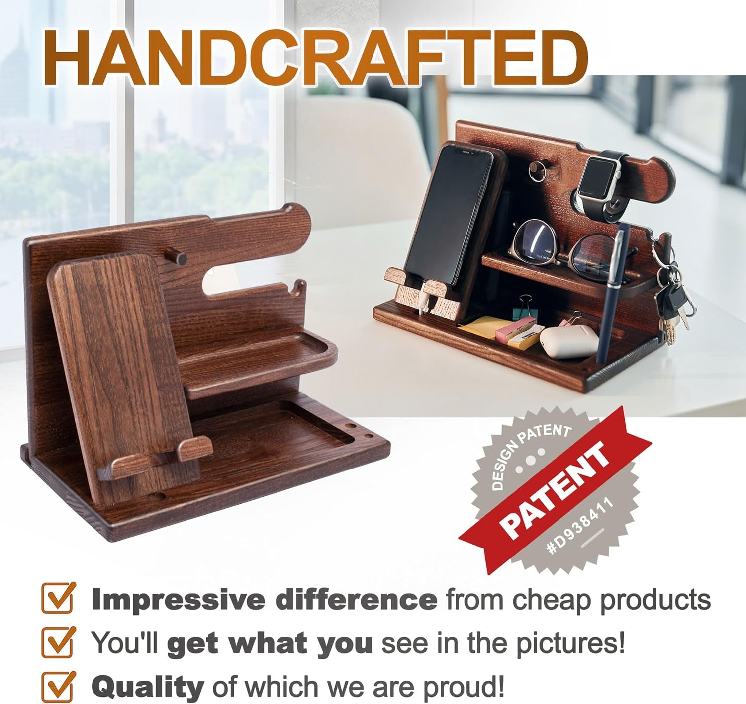 Wood Phone Docking Station Desk Organizer, Nightstand Key & Wallet Stand, Gifts for Men – Birthday, Anniversary, Christmas, Fathers Day (Brown)