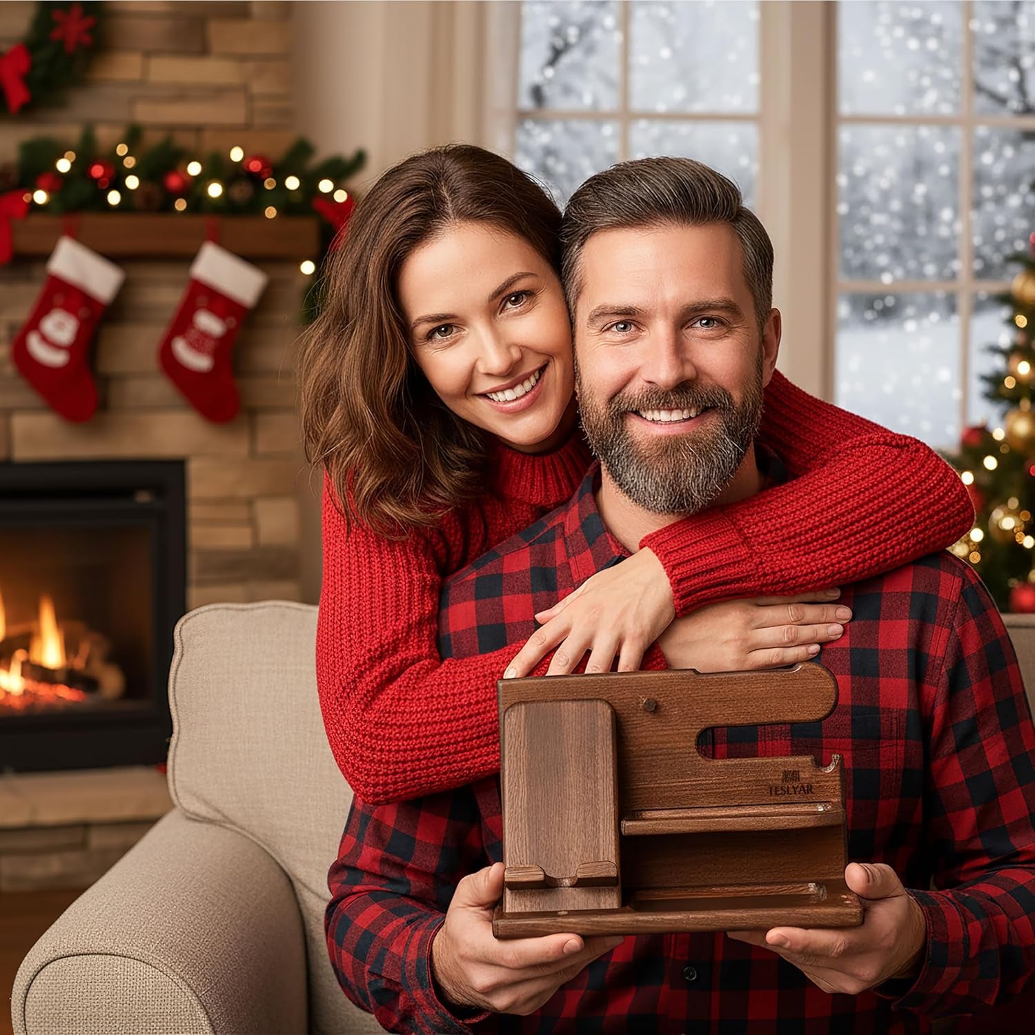 Wood Phone Docking Station Desk Organizer, Nightstand Key & Wallet Stand, Gifts for Men – Birthday, Anniversary, Christmas, Fathers Day (Brown)