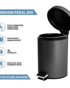 3 Litre Bathroom Pedal Rubbish Waste Bin and Toilet Brush Holder Set