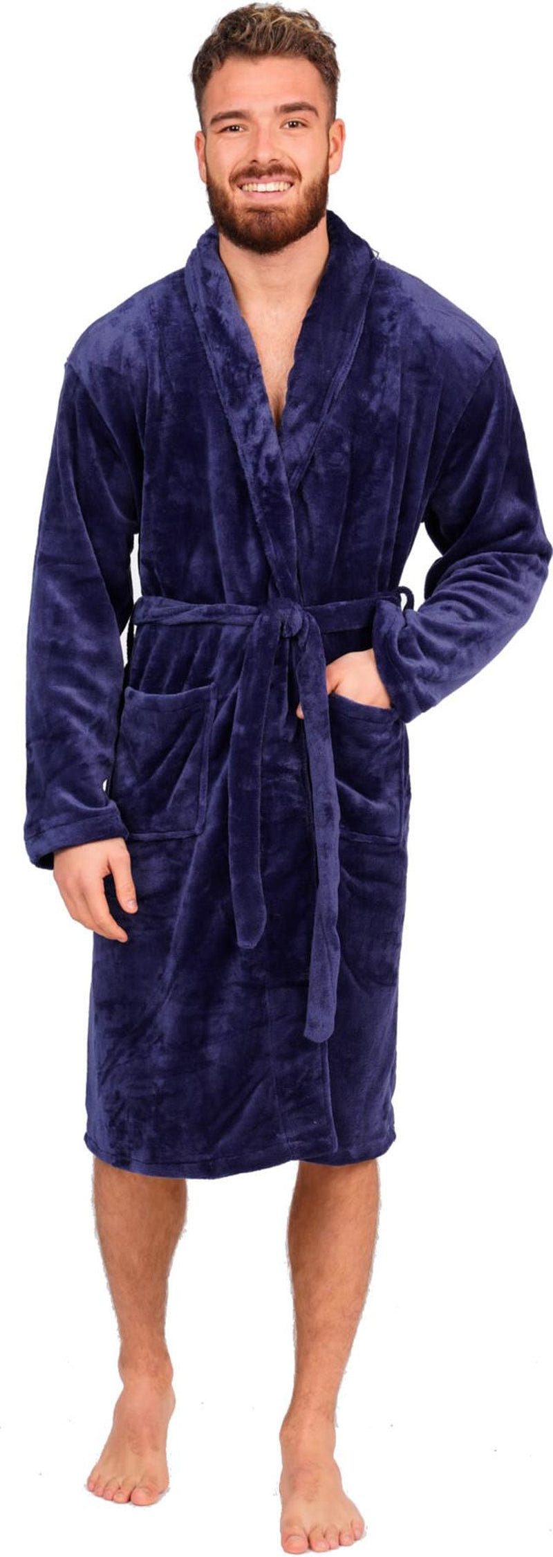 Mens Flannel Fleece Bathrobe Warm Soft Dressing Gown Bath Robe Shawl Collar