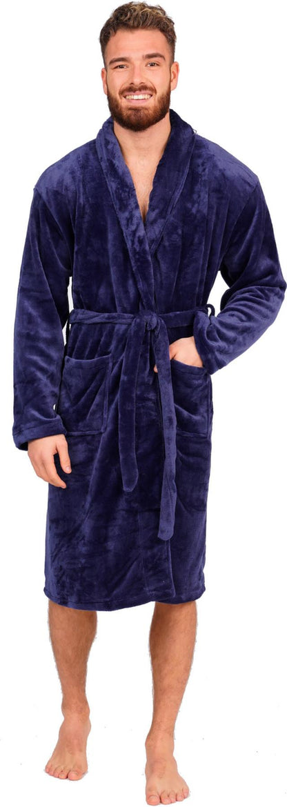 Mens Flannel Fleece Bathrobe Warm Soft Dressing Gown Bath Robe Shawl Collar