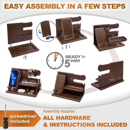 Wood Phone Docking Station Desk Organizer, Nightstand Key & Wallet Stand, Gifts for Men – Birthday, Anniversary, Christmas, Fathers Day (Brown)