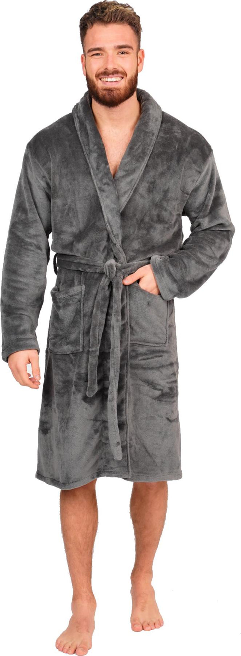 Mens Flannel Fleece Bathrobe Warm Soft Dressing Gown Bath Robe Shawl Collar