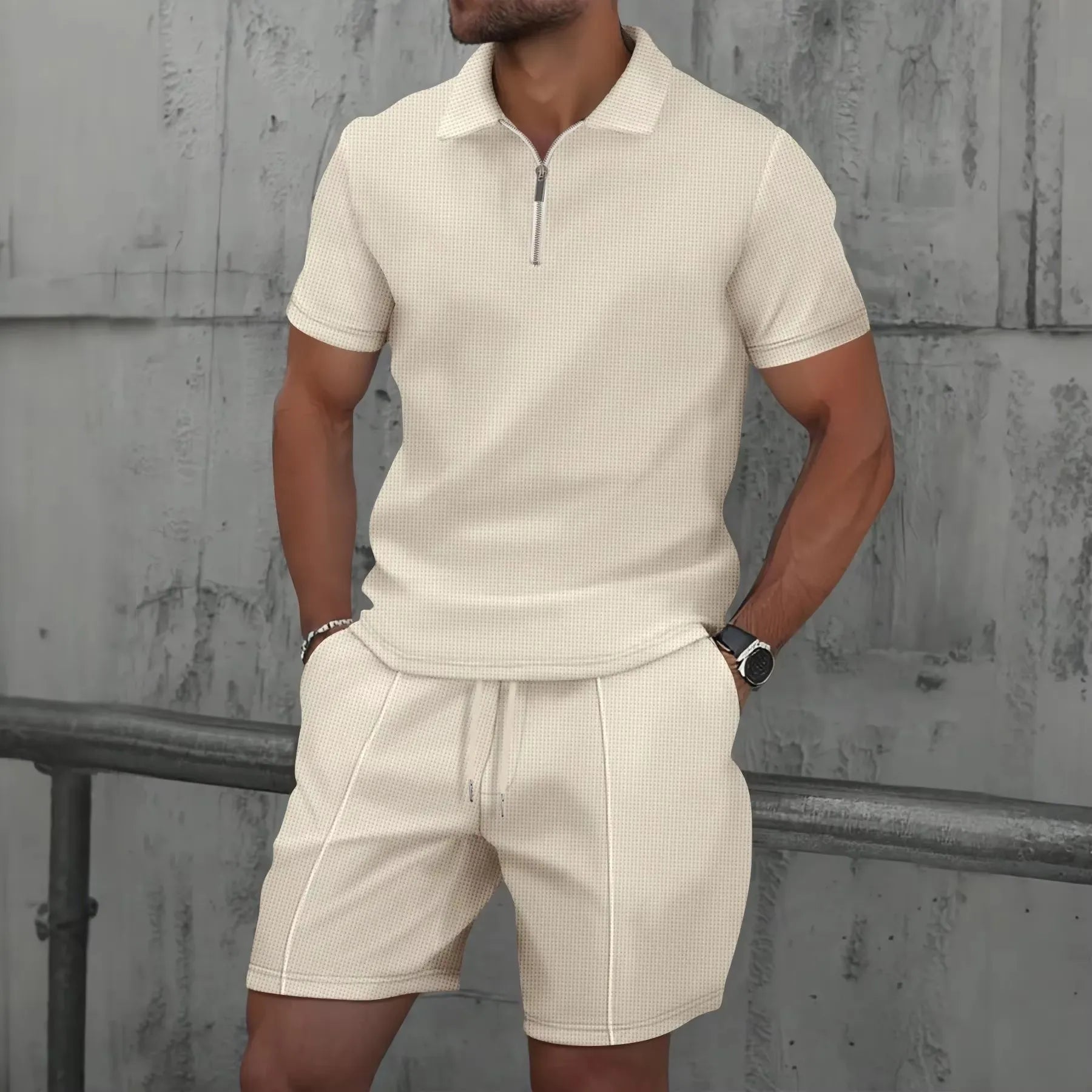 Men’s Zipper Polo Shirt & Shorts Set