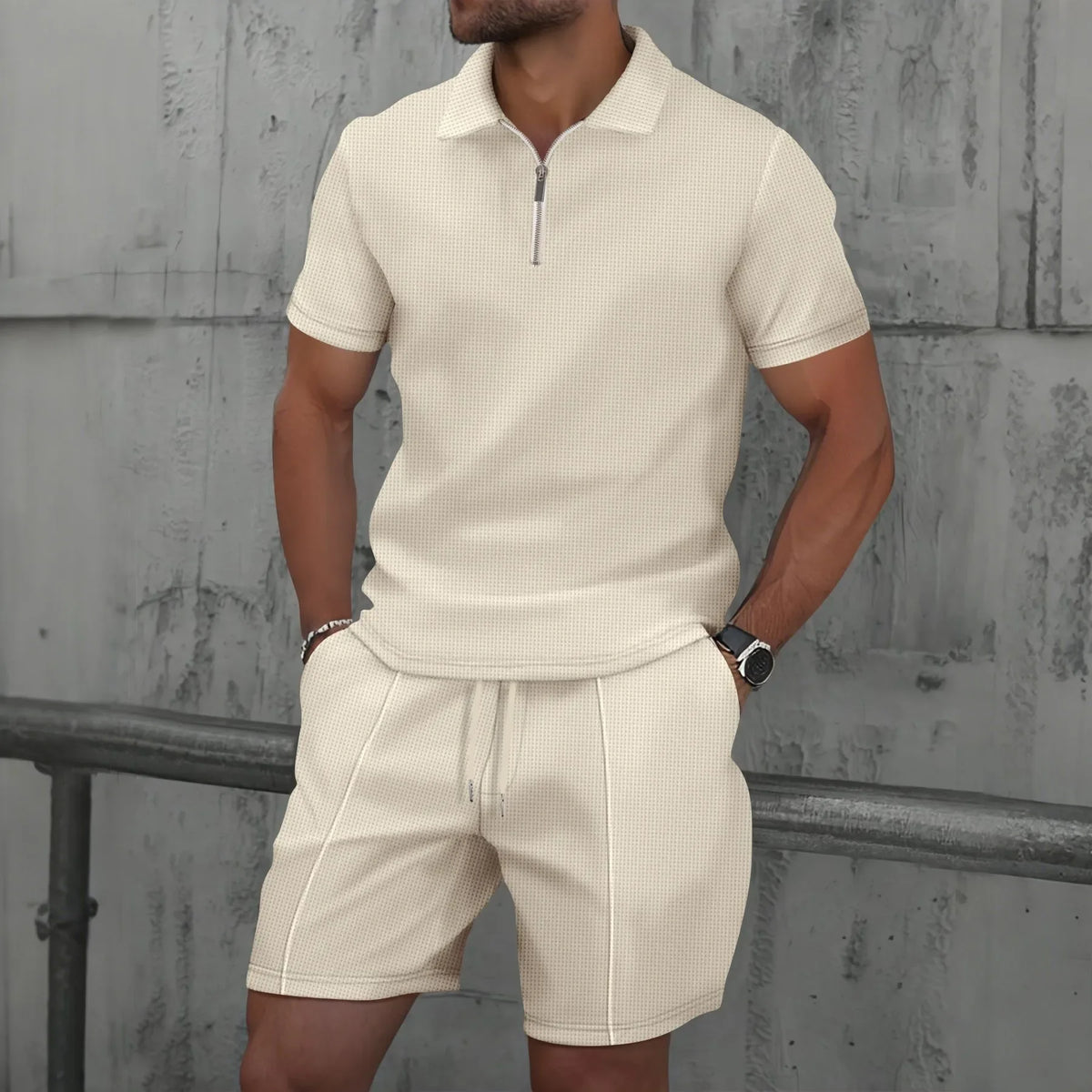 Men’s Zipper Polo Shirt & Shorts Set