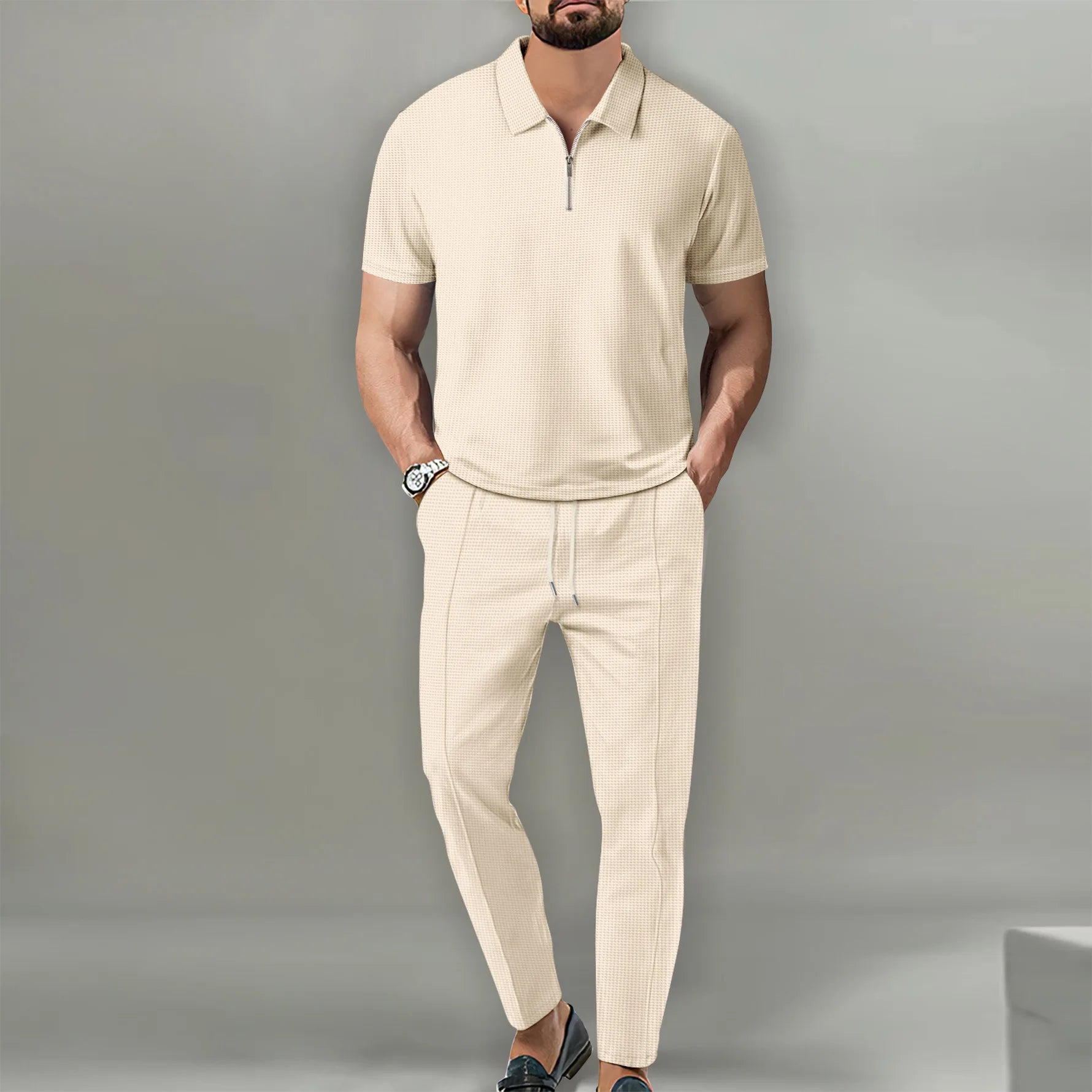 Men’s Zipper Polo Shirt & Shorts Set