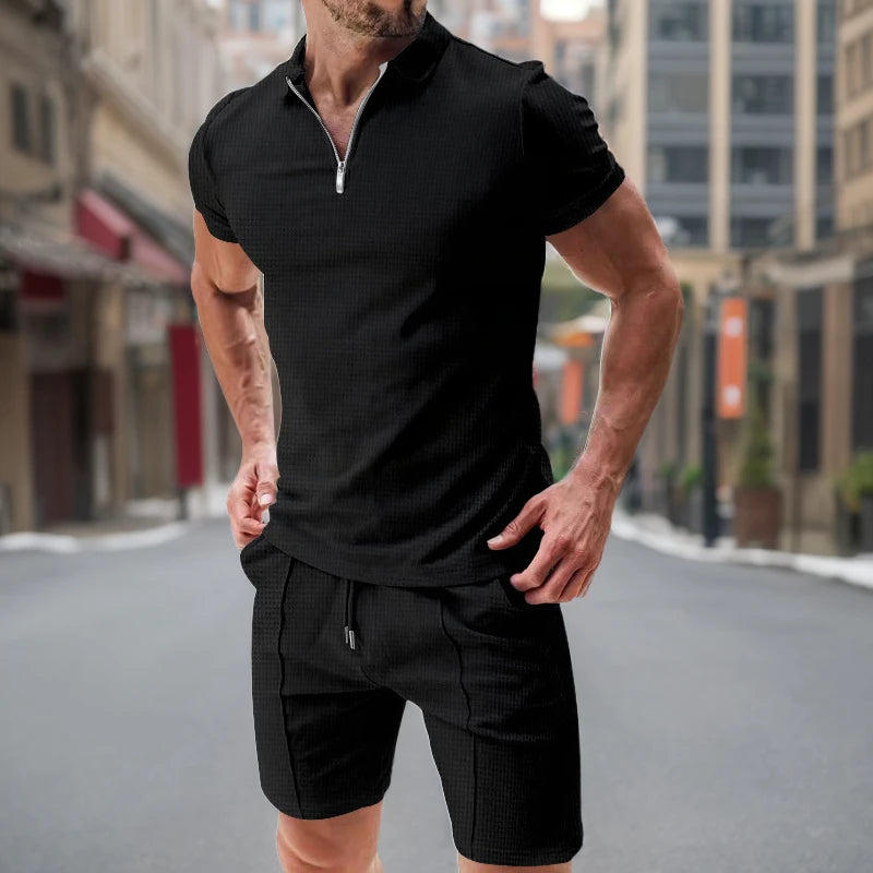 Men’s Zipper Polo Shirt & Shorts Set