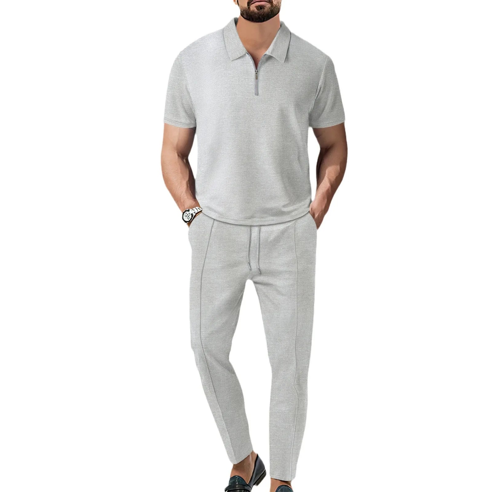 Men’s Zipper Polo Shirt & Shorts Set