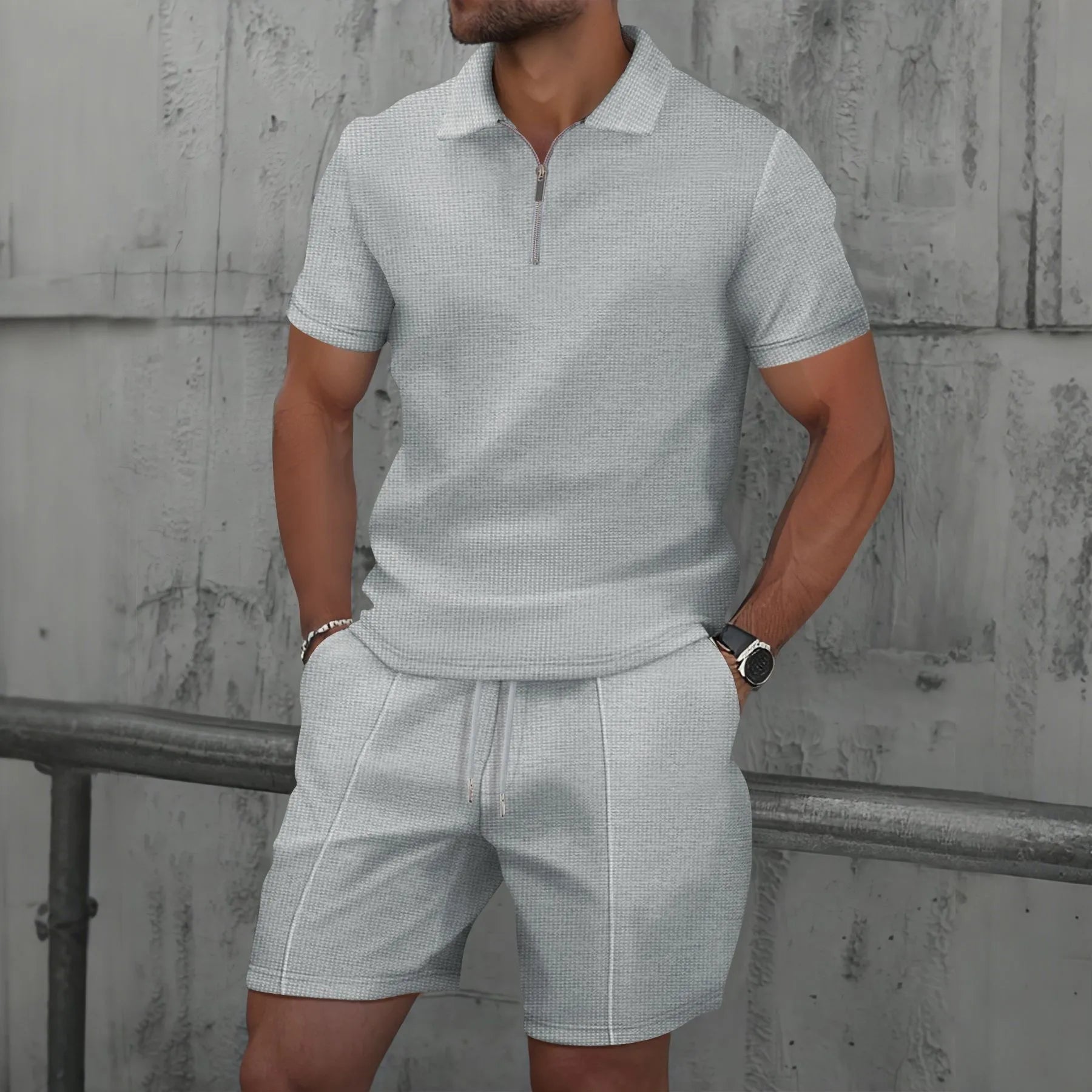 Men’s Zipper Polo Shirt & Shorts Set
