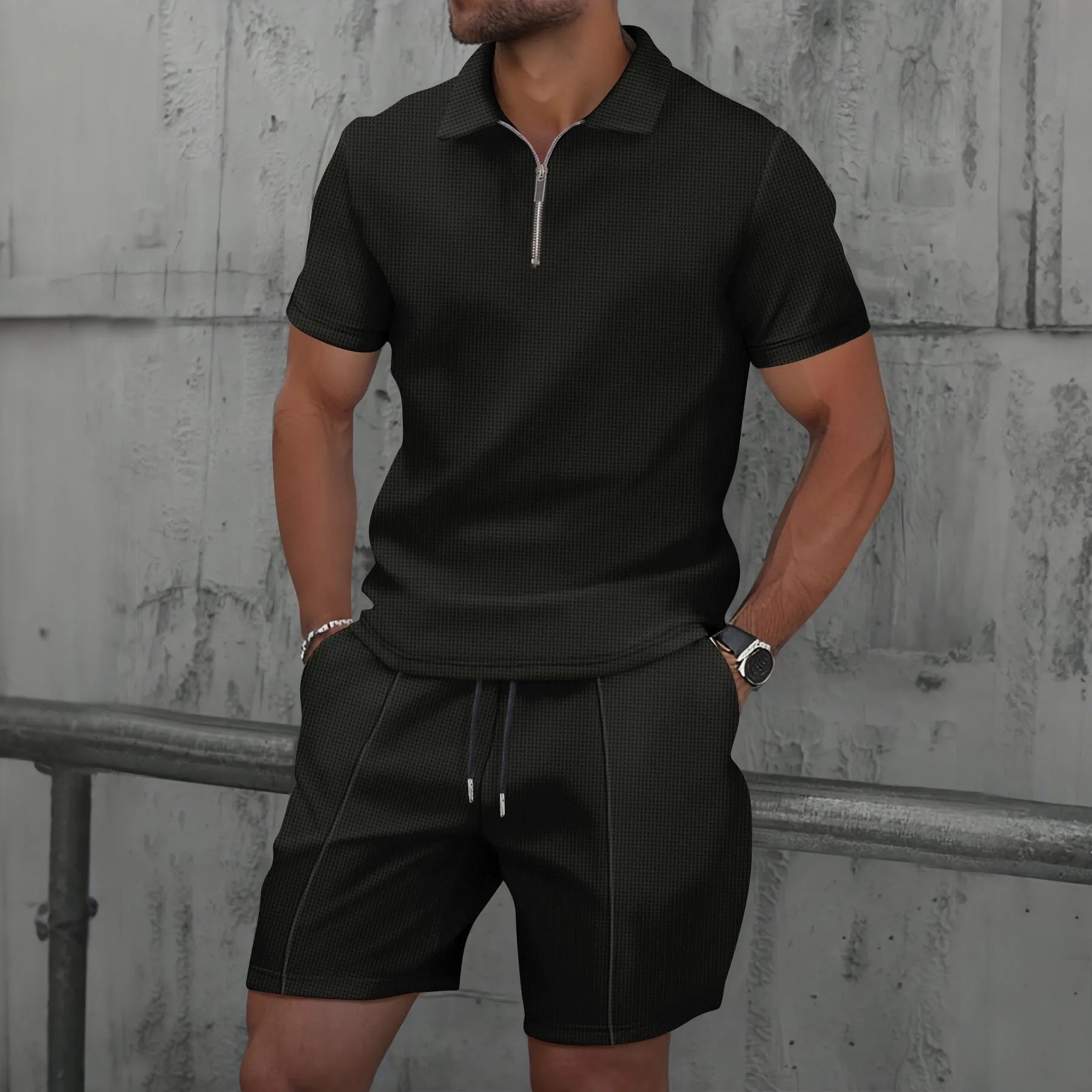 Men’s Zipper Polo Shirt & Shorts Set