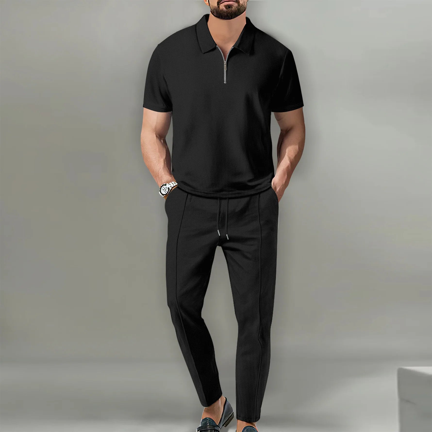 Men’s Zipper Polo Shirt & Shorts Set