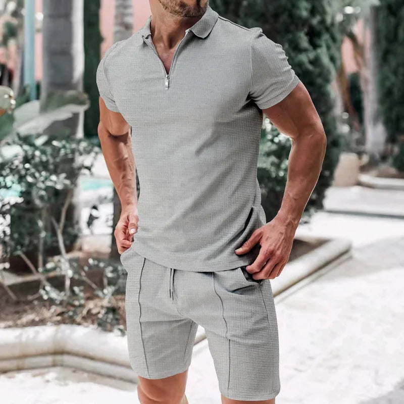 Men’s Zipper Polo Shirt & Shorts Set