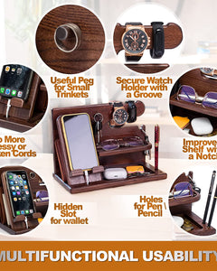 Wood Phone Docking Station Desk Organizer, Nightstand Key & Wallet Stand, Gifts for Men – Birthday, Anniversary, Christmas, Fathers Day (Brown)