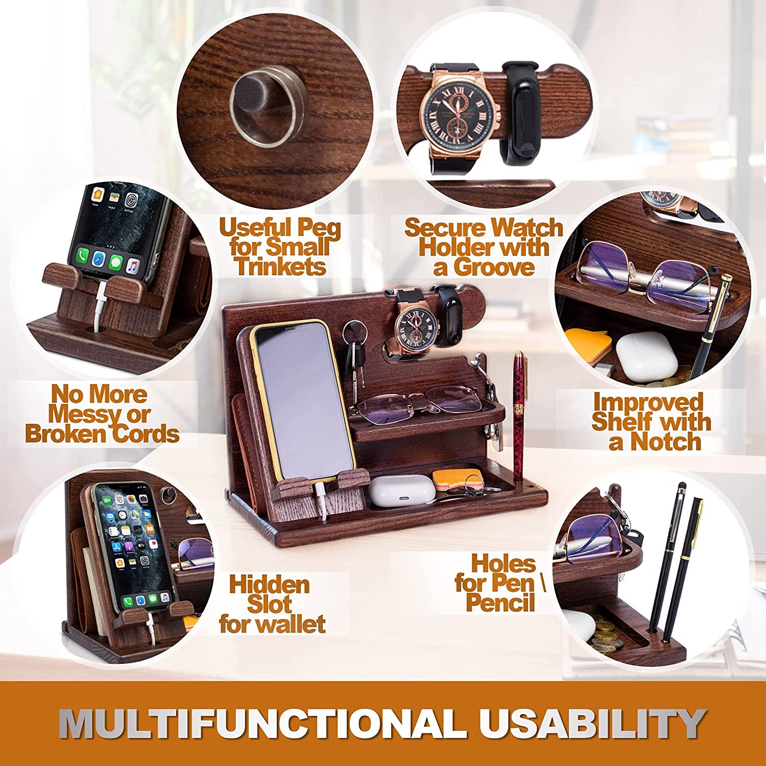 Wood Phone Docking Station Desk Organizer, Nightstand Key & Wallet Stand, Gifts for Men – Birthday, Anniversary, Christmas, Fathers Day (Brown)