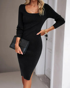 Elegant Ribbed Midi Dress with Side Slit