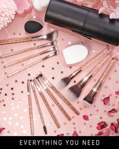 Beauty 15Piece Award Winning Glitter Makeup Brushes: Cute Makeup Brushes Set with Case, Blending Sponge, Cleaner, Guide, Gift Box