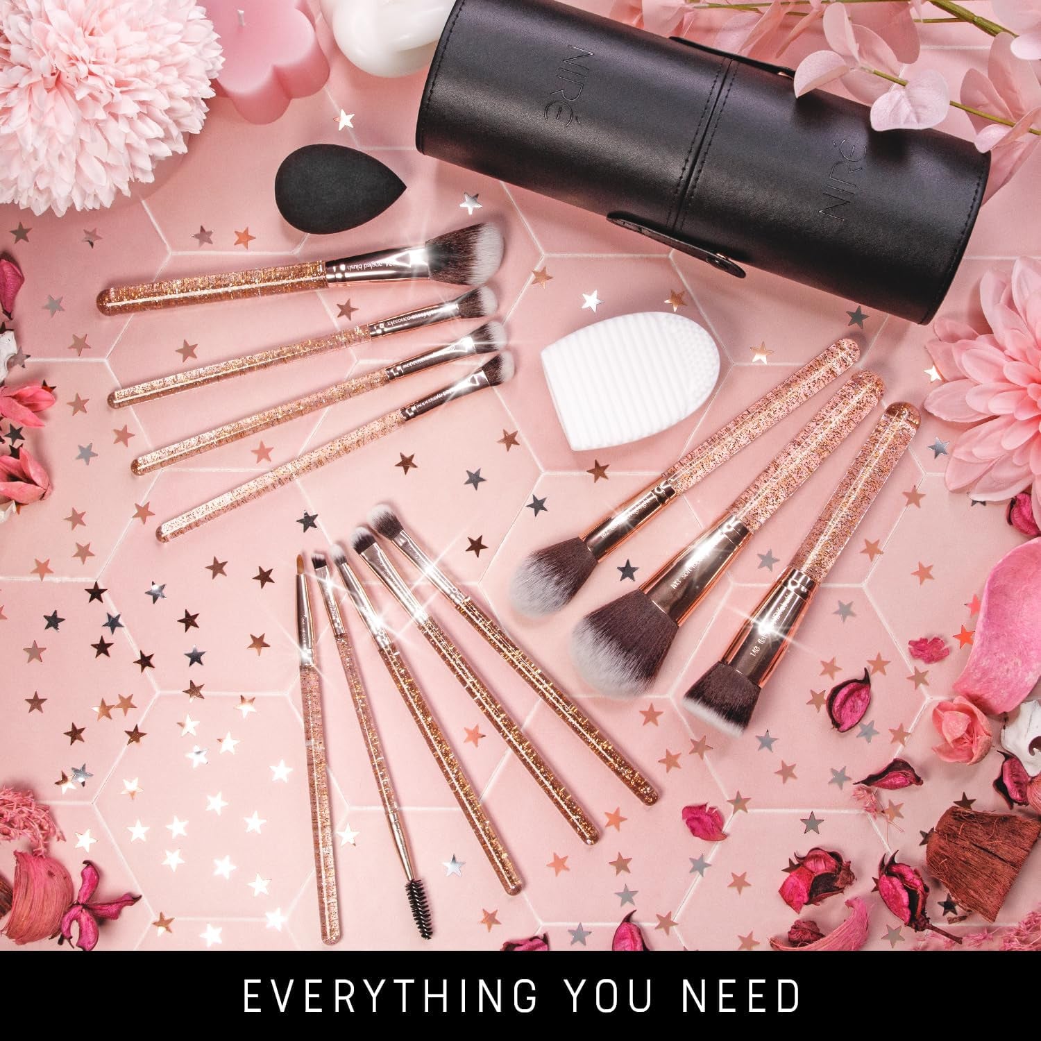 Beauty 15Piece Award Winning Glitter Makeup Brushes: Cute Makeup Brushes Set with Case, Blending Sponge, Cleaner, Guide, Gift Box