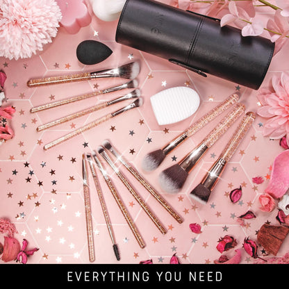 Beauty 15Piece Award Winning Glitter Makeup Brushes: Cute Makeup Brushes Set with Case, Blending Sponge, Cleaner, Guide, Gift Box