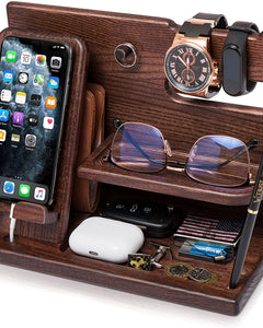 Wood Phone Docking Station Desk Organizer, Nightstand Key & Wallet Stand, Gifts for Men – Birthday, Anniversary, Christmas, Fathers Day (Brown)