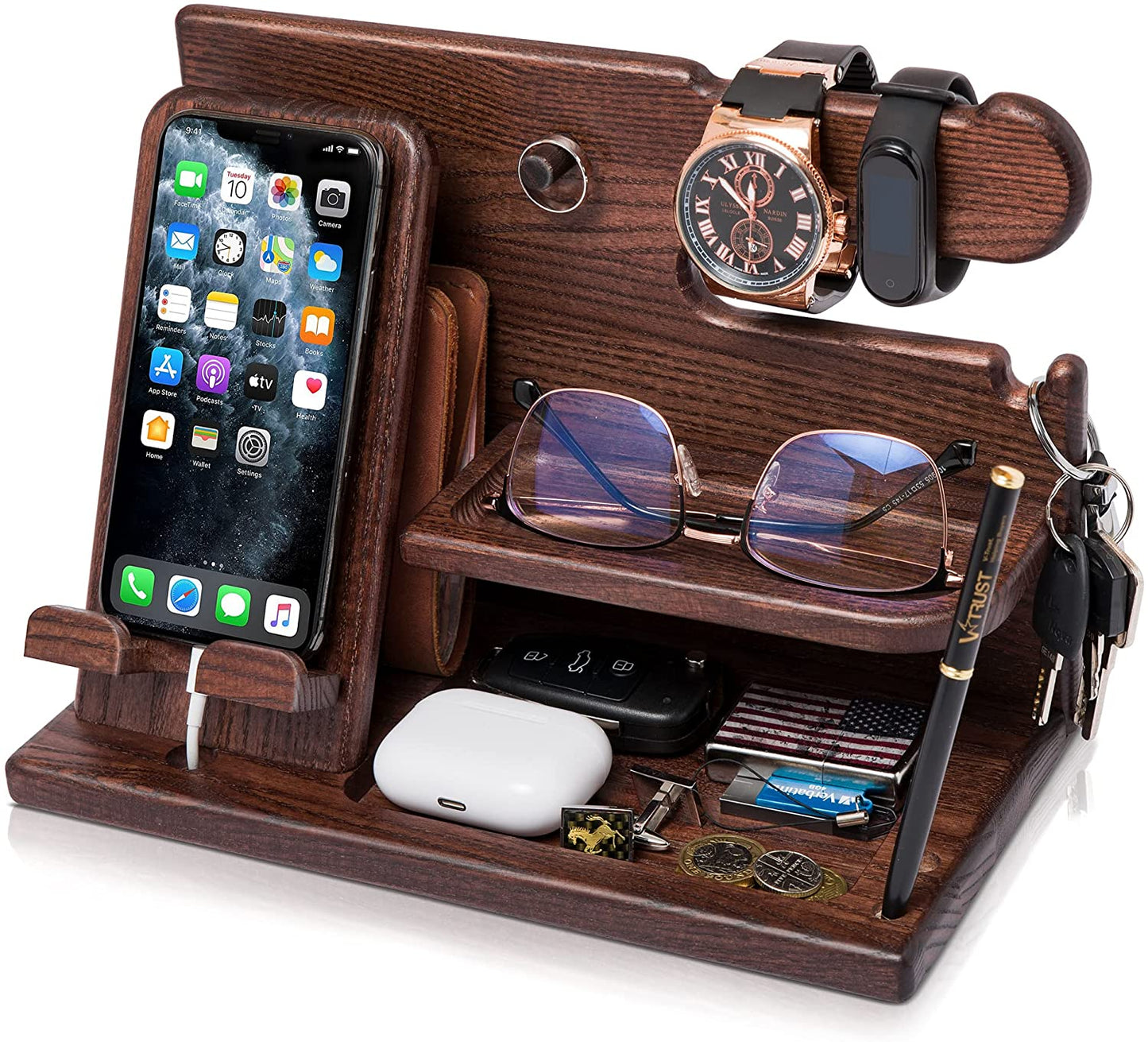 Wood Phone Docking Station Desk Organizer, Nightstand Key & Wallet Stand, Gifts for Men – Birthday, Anniversary, Christmas, Fathers Day (Brown)
