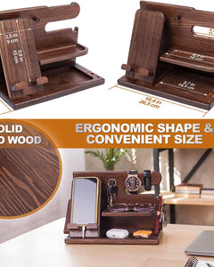 Wood Phone Docking Station Desk Organizer, Nightstand Key & Wallet Stand, Gifts for Men – Birthday, Anniversary, Christmas, Fathers Day (Brown)