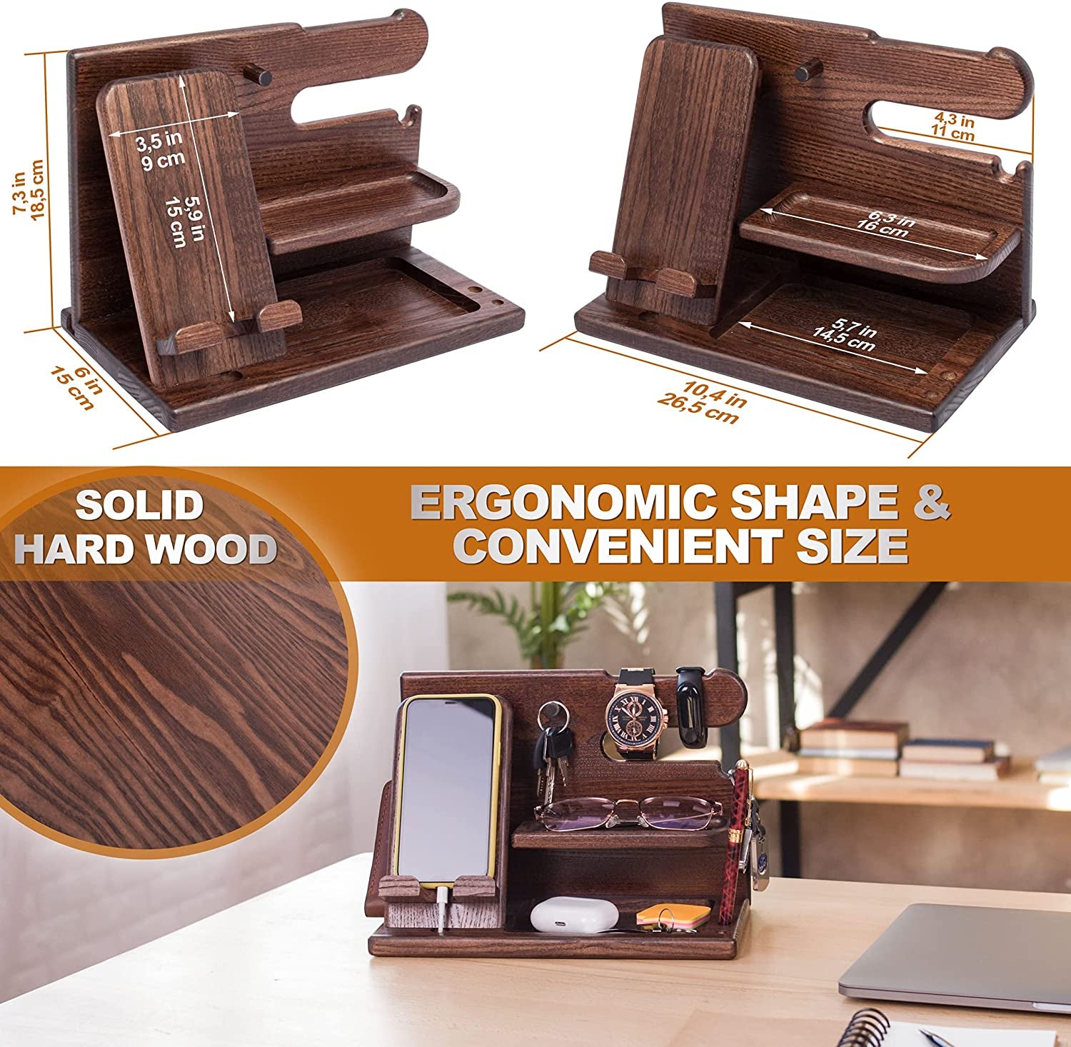 Wood Phone Docking Station Desk Organizer, Nightstand Key & Wallet Stand, Gifts for Men – Birthday, Anniversary, Christmas, Fathers Day (Brown)