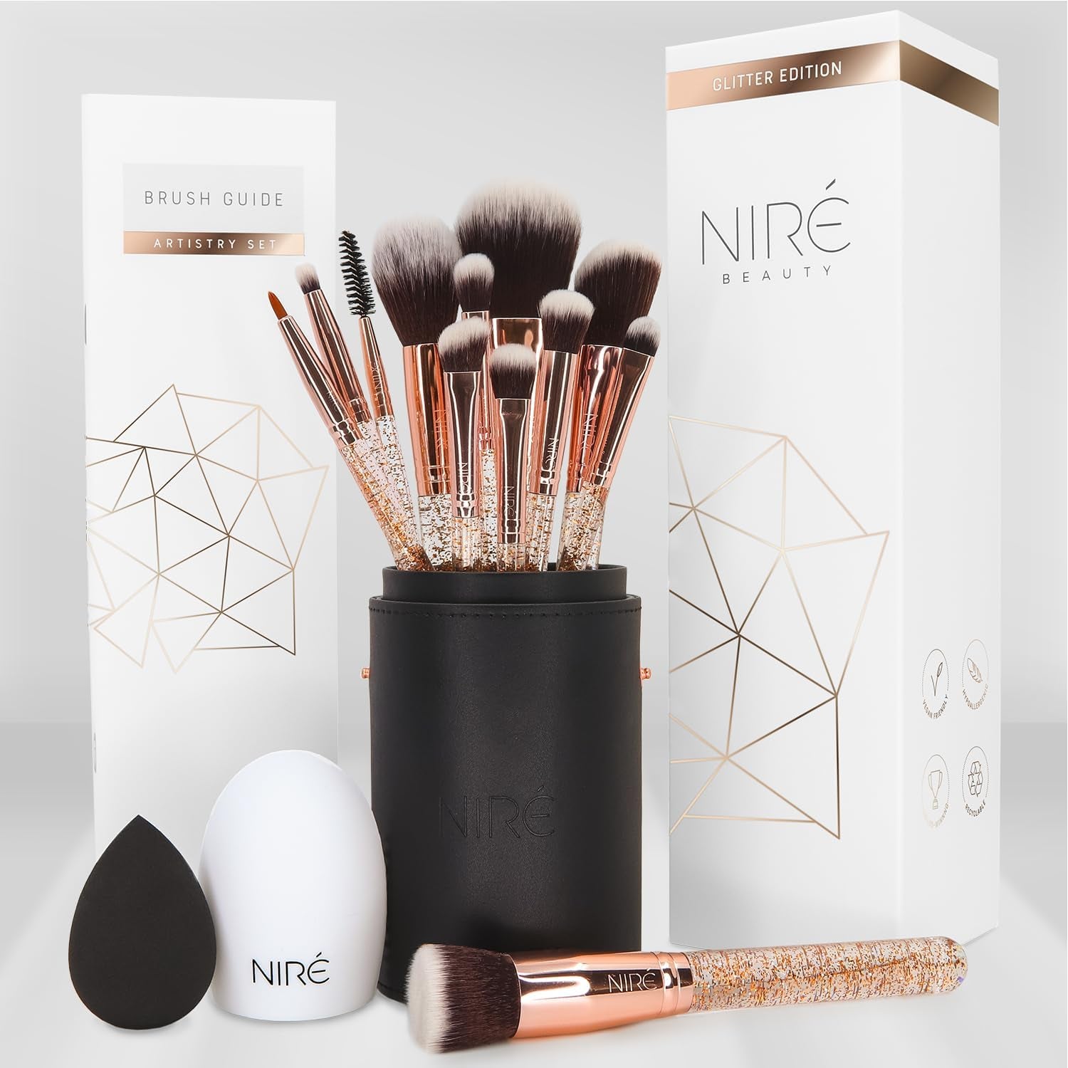 Beauty 15Piece Award Winning Glitter Makeup Brushes: Cute Makeup Brushes Set with Case, Blending Sponge, Cleaner, Guide, Gift Box